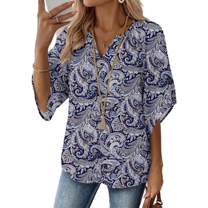 image:imageZeagoo Womens Tops 34 Sleeve V Neck Bohemian Blouses Casual Loose Fit Tunic Boho Shirts Floral Printed ClothesBlue Pattern Mz473