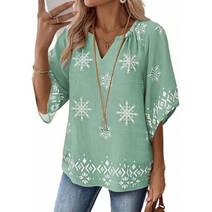 image:imageZeagoo Womens Tops 34 Sleeve V Neck Bohemian Blouses Casual Loose Fit Tunic Boho Shirts Floral Printed ClothesLight Green Mz915