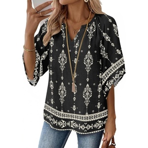 image:imageZeagoo Womens Tops 34 Sleeve V Neck Bohemian Blouses Casual Loose Fit Tunic Boho Shirts Floral Printed ClothesMulti Black Mz921