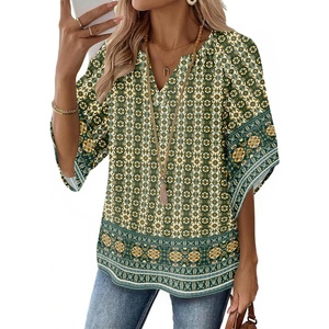 image:imageZeagoo Womens Tops 34 Sleeve V Neck Bohemian Blouses Casual Loose Fit Tunic Boho Shirts Floral Printed ClothesMulti Blue Mz925