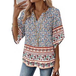 image:imageZeagoo Womens Tops 34 Sleeve V Neck Bohemian Blouses Casual Loose Fit Tunic Boho Shirts Floral Printed ClothesMulti Floral Mz914