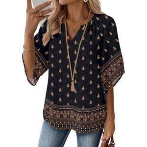image:imageZeagoo Womens Tops 34 Sleeve V Neck Bohemian Blouses Casual Loose Fit Tunic Boho Shirts Floral Printed ClothesMulticolor Black Mz930