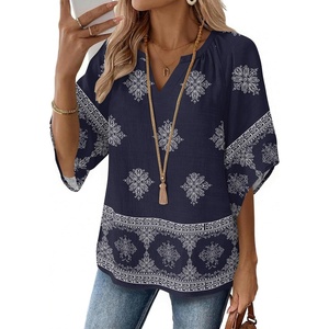 image:imageZeagoo Womens Tops 34 Sleeve V Neck Bohemian Blouses Casual Loose Fit Tunic Boho Shirts Floral Printed ClothesNavy Blue Mz918