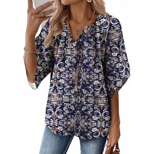 image:imageZeagoo Womens Tops 34 Sleeve V Neck Bohemian Blouses Casual Loose Fit Tunic Boho Shirts Floral Printed ClothesNavy Floral Mz869
