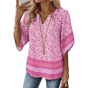 image:imageZeagoo Womens Tops 34 Sleeve V Neck Bohemian Blouses Casual Loose Fit Tunic Boho Shirts Floral Printed ClothesPink Floral Mz744