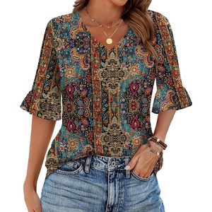 image:imageZeagoo Womens Tops Casual V Neck Shirts Floral Solid Blouse Ruffle Tunics 34 Sleeve Tshirt SXXLMz721