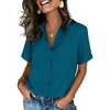 image:imageZeagoo Button Down Shirts for Women Short Sleeve Collared Tops Dressy Casual V Neck BlousesTeal Blue
