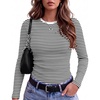 image:imageZeagoo Women Long Sleeve Tops Crewneck Ribbed Knit Fitted Tshirts Dressy Casual Basic Tee 2026 Summer Fall ClothesBlack White Stripe
