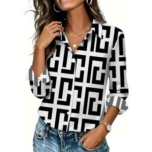 image:imageWomens Button Down Shirt Classic Fit Dress Shirt Work Business Casual Long Sleeve Blouse TopsBlack White Geometric Print