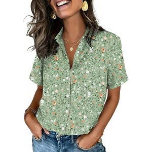 image:imageZeagoo Button Down Shirts for Women Short Sleeve Collared Tops Dressy Casual V Neck BlousesGreen Florals