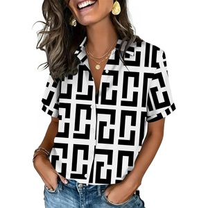 image:imageZeagoo Button Down Shirts for Women Short Sleeve Collared Tops Dressy Casual V Neck BlousesJh608 Geometry