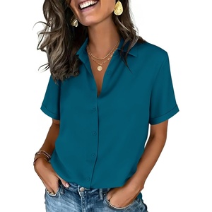 image:imageZeagoo Button Down Shirts for Women Short Sleeve Collared Tops Dressy Casual V Neck BlousesTeal Blue