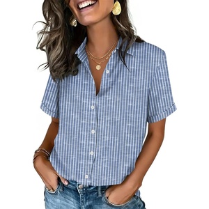 image:imageZeagoo Button Down Shirts for Women Short Sleeve Collared Tops Dressy Casual V Neck BlousesTz273 Blue Stripe
