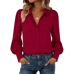 image:imageZeagoo Women Button Down Shirts Lantern Long Sleeve Tops Business Casual Chiffon Blouses Trendy Work ClothesRed