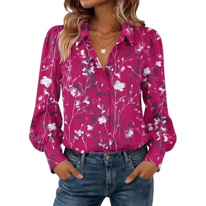 image:imageZeagoo Women Button Down Shirts Lantern Long Sleeve Tops Business Casual Chiffon Blouses Trendy Work ClothesSf243rose Red