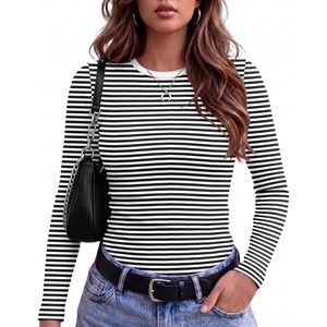 image:imageZeagoo Women Long Sleeve Tops Crewneck Ribbed Knit Fitted Tshirts Dressy Casual Basic Tee 2026 Summer Fall ClothesBlack White Stripe