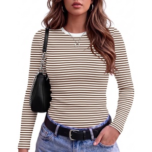 image:imageZeagoo Women Long Sleeve Tops Crewneck Ribbed Knit Fitted Tshirts Dressy Casual Basic Tee 2026 Summer Fall ClothesBrown White Stripe