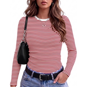 image:imageZeagoo Women Long Sleeve Tops Crewneck Ribbed Knit Fitted Tshirts Dressy Casual Basic Tee 2026 Summer Fall ClothesRed White Stripe