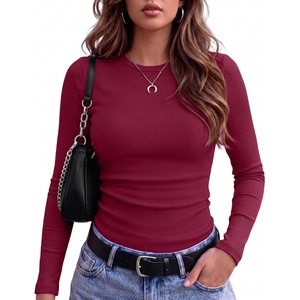image:imageZeagoo Women Long Sleeve Tops Crewneck Ribbed Knit Fitted Tshirts Dressy Casual Basic Tee 2026 Summer Fall ClothesWine Red