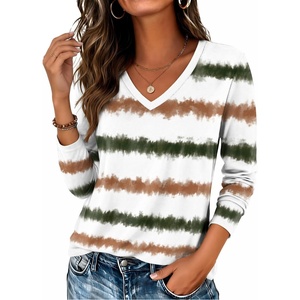image:imageZeagoo Womens Long Sleeve Shirts V Neck Basic Tee Tops Dressy Casual Business Work Blouses Fall Outfits S3XLTie Dye Stripe Print