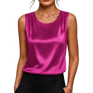 image:imageZeagoo Womens Satin Tank Top Pleated Sleeveless Blouse Dressy Casual Tops Crewneck Silk Shirts Business Summer ClothesRose Red