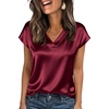 image:imageZeagoo Womens Satin Tops Dressy Casual V Neck Tee Silk Shirts Short Sleeve Tshirts Quiet Luxury Clothes Wine Red