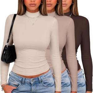image:imageZeagoo Women Fall Clothes 3 Pack Long Sleeve Shirts Slim Fit Mock Neck TopsBeigekhakibrown