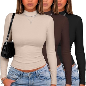 image:imageZeagoo Women Fall Clothes 3 Pack Long Sleeve Shirts Slim Fit Mock Neck TopsBlackbeigebrown
