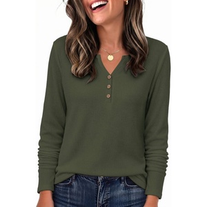 image:imageZeagoo Womens Long Sleeve Waffle Knit Shirts Dressy Casual Loose Button Up V Neck Tops 2026 Fall Basic Tee BlouseArmy Green