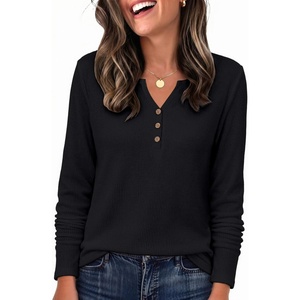 image:imageZeagoo Womens Long Sleeve Waffle Knit Shirts Dressy Casual Loose Button Up V Neck Tops 2026 Fall Basic Tee BlouseBlack