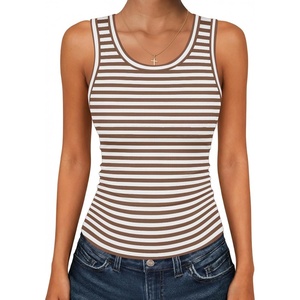 image:imageZeagoo Womens Tank Tops 2026 Scoop Neck Ribbed Sleeveless Top Casual Basic Slim Fitted Knit Cami Tee ShirtsAtw541 Stripe Brown White