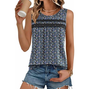 image:imageZeagoo Womens Tank Tops 2026 Summer Pleated Scoop Neck Sleeveless Lace Crochet Boho Tops Dressy Casual Loose Fit BlousesBlue Pink Green Black Flower