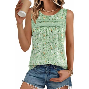 image:imageZeagoo Womens Tank Tops 2026 Summer Pleated Scoop Neck Sleeveless Lace Crochet Boho Tops Dressy Casual Loose Fit BlousesGreen Small Foral