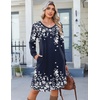 image:imageZeagoo Fall Dresses for Women Long Sleeve Casual Pleated V Neck Dress 2026 A Line Tunic DressNavy Printed