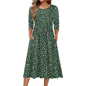 image:imageZeagoo 34 Sleeve Womens Dress Casual Flowy ALine Midi Tshirt Dresses with Pockets Crewneck Vocation Boho Beach SundressXh527