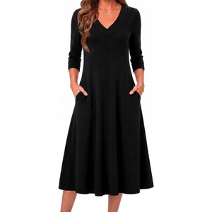 image:imageZeagoo Dresses for Women Long Sleeve Midi Dress Fall Casual A Line Dress 2026 V Neck Flare Dress with PocketsBlack