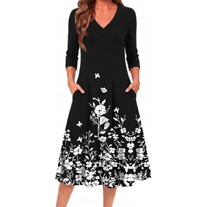 image:imageZeagoo Dresses for Women Long Sleeve Midi Dress Fall Casual A Line Dress 2026 V Neck Flare Dress with PocketsBlack Floral