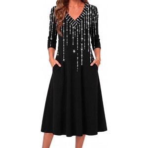 image:imageZeagoo Dresses for Women Long Sleeve Midi Dress Fall Casual A Line Dress 2026 V Neck Flare Dress with PocketsBlack White