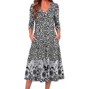 image:imageZeagoo Dresses for Women Long Sleeve Midi Dress Fall Casual A Line Dress 2026 V Neck Flare Dress with PocketsBlack White Floral