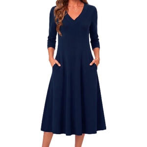 image:imageZeagoo Dresses for Women Long Sleeve Midi Dress Fall Casual A Line Dress 2026 V Neck Flare Dress with PocketsBlue
