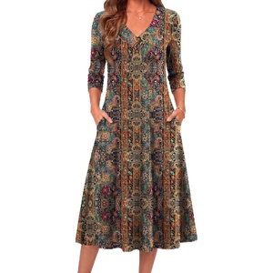 image:imageZeagoo Dresses for Women Long Sleeve Midi Dress Fall Casual A Line Dress 2026 V Neck Flare Dress with PocketsFloral Printed1