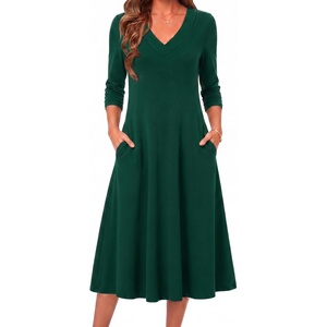 image:imageZeagoo Dresses for Women Long Sleeve Midi Dress Fall Casual A Line Dress 2026 V Neck Flare Dress with PocketsGreen