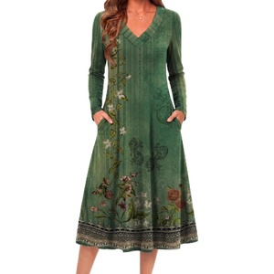 image:imageZeagoo Dresses for Women Long Sleeve Midi Dress Fall Casual A Line Dress 2026 V Neck Flare Dress with PocketsGreen Floral
