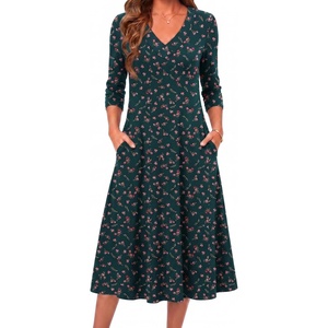 image:imageZeagoo Dresses for Women Long Sleeve Midi Dress Fall Casual A Line Dress 2026 V Neck Flare Dress with PocketsGreen Floralprinted