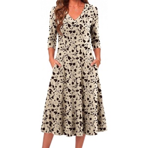 image:imageZeagoo Dresses for Women Long Sleeve Midi Dress Fall Casual A Line Dress 2026 V Neck Flare Dress with PocketsKhaki Printed