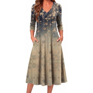 image:imageZeagoo Dresses for Women Long Sleeve Midi Dress Fall Casual A Line Dress 2026 V Neck Flare Dress with PocketsLeaf Print