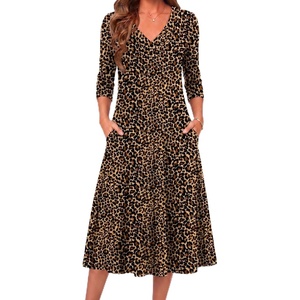 image:imageZeagoo Dresses for Women Long Sleeve Midi Dress Fall Casual A Line Dress 2026 V Neck Flare Dress with PocketsLeopard Print