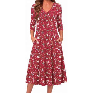 image:imageZeagoo Dresses for Women Long Sleeve Midi Dress Fall Casual A Line Dress 2026 V Neck Flare Dress with PocketsRed Floral