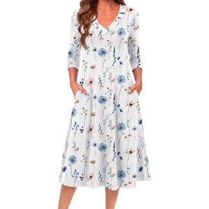 image:imageZeagoo Dresses for Women Long Sleeve Midi Dress Fall Casual A Line Dress 2026 V Neck Flare Dress with PocketsWhite Floral