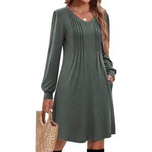 image:imageZeagoo Fall Dresses for Women Long Sleeve Casual Pleated V Neck Dress 2026 A Line Tunic DressArmy Green